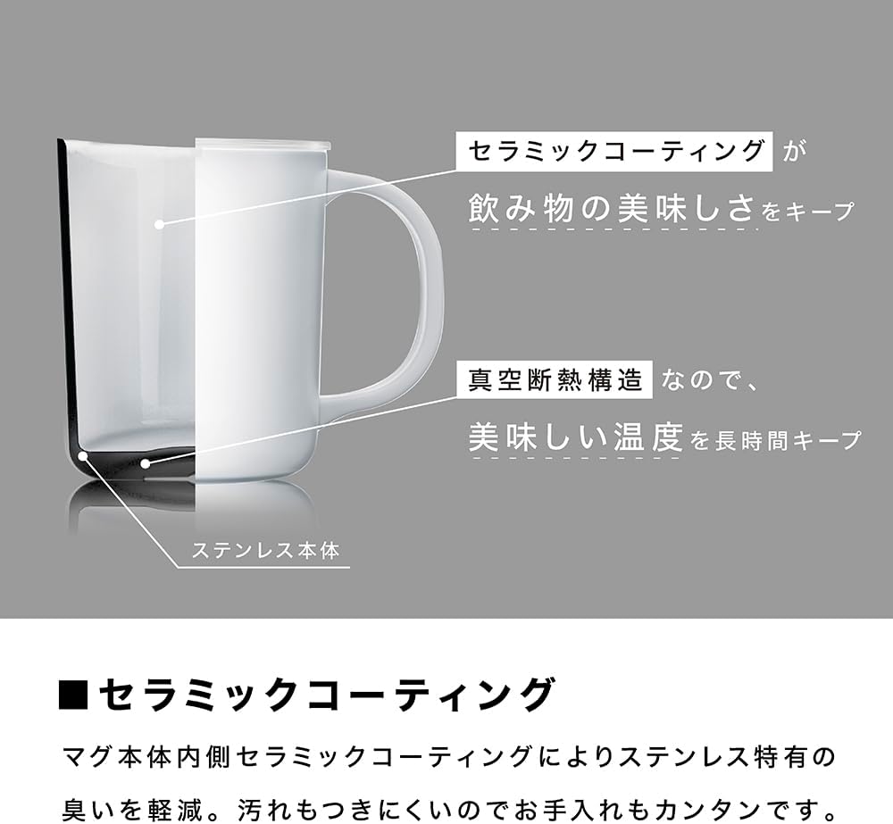 日本直送：HARIO 陶瓷塗層真空保溫馬克杯 (350ml / 470ml / 黑白 2色可選) (B3844)