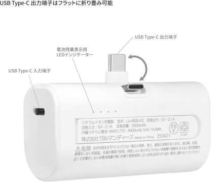 日本直送： gourmandise 吉伊卡哇 Type-C 直插式行動電源 4000mAh (B3790)