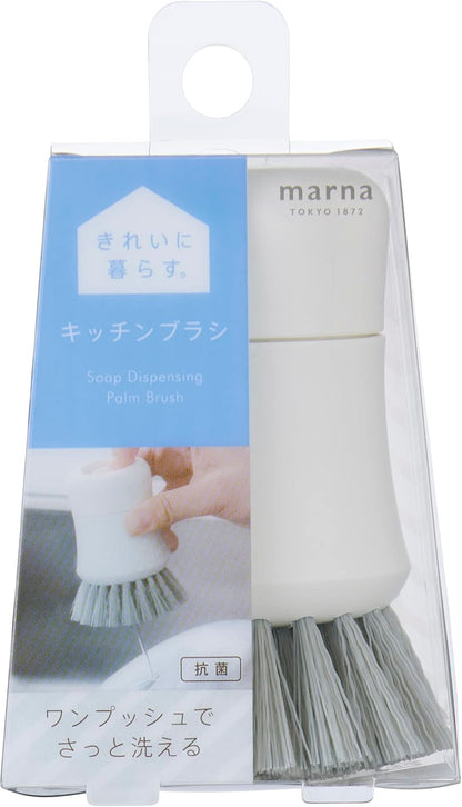 日本製設計-Marna代購-抗菌廚房洗劑按壓一體式洗碗刷-K788W純白自立款-日本進口マーナ內置洗潔精自動出液刷子-抗菌防霉波浪毛刷不沾鍋砧板-人體工學收腰防滑手柄-改善廚房油污殘留細菌滋生-日系廚房美學收納清潔工具照