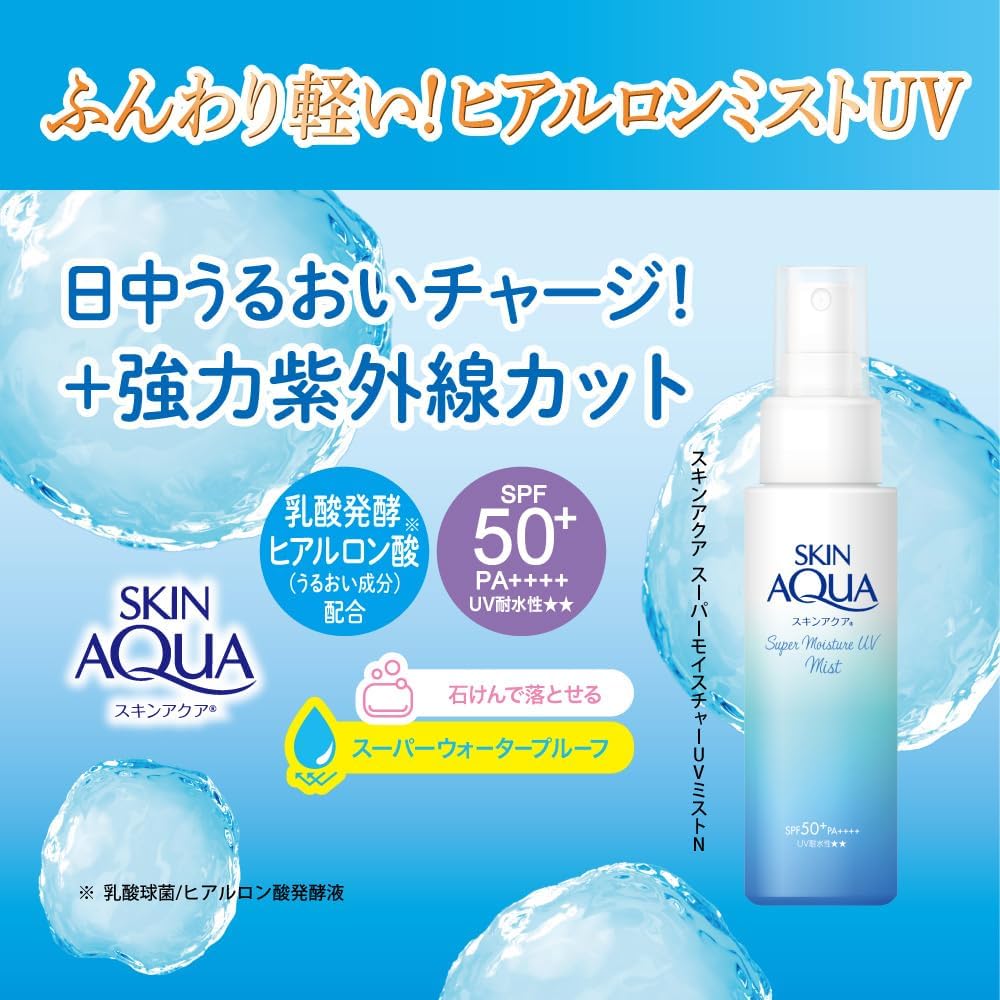 日本製-樂敦製藥-SKINAQUA-超級保濕防曬噴霧-60ml-SPF50-PA++++-超級玻尿酸保濕-透明不泛白-360度倒噴-定妝補防曬-產品展示照