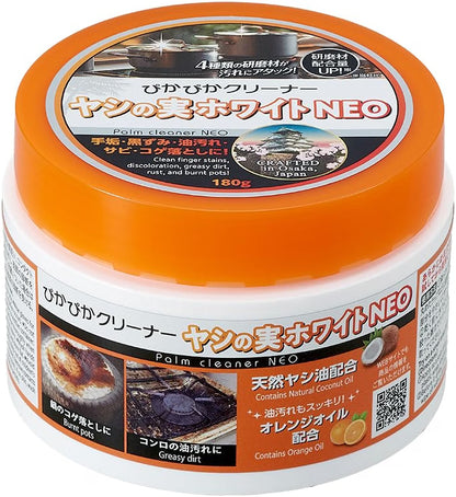 日本製-Aimedia代購-椰子油天然微粒去污清潔膏180g-單罐裝-日本進口Aimediaアイメディアヤシの実ホワイト去污清潔膏180g天然椰子油香橙油極細研磨顆粒鑊底焦黑水龍頭水垢不鏽鋼廚具衛浴清潔適用-改善鑊底焦黑頑固水垢及化學傷手-日系家居清潔用品照