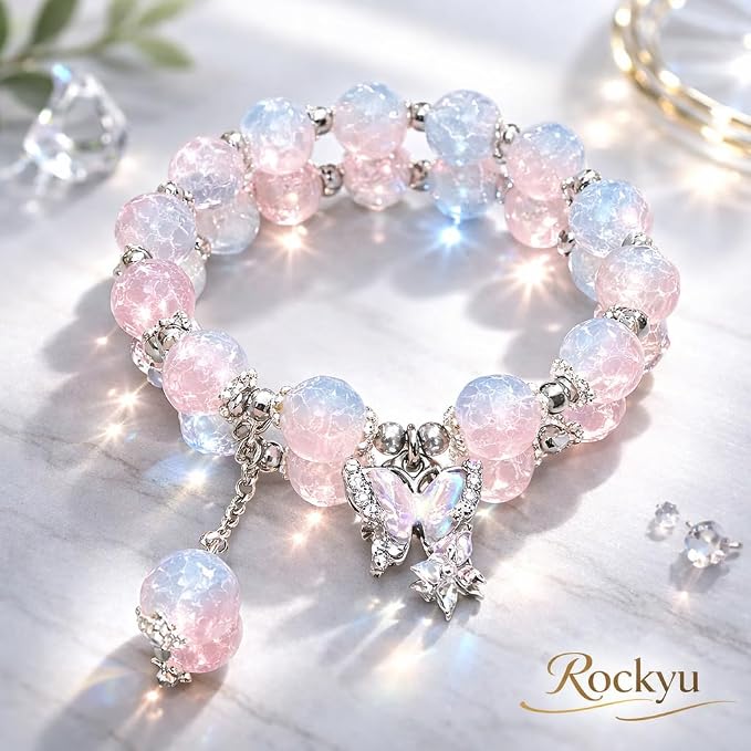 日本直送：幻彩蝶影正緣桃花天然質感粉紅手鍊 (B3704)