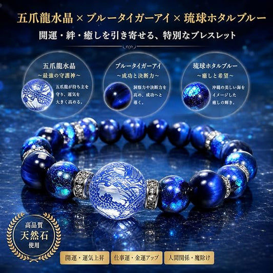 一張展示 CCopan 品牌「日本製・琉球螢光石＆青雕五爪龍水晶青虎眼石手鍊」尺寸與材質細節的繁體中文海報。海報中央展示一條由 16mm 青雕五爪龍水晶親珠、14mm 琉球幻彩藍色螢光石，以及 12mm 帶有強烈貓眼光芒的青虎眼石交織串成的霸氣男士手鍊。圖中詳細標註內周約 16.5-17cm、使用日本高品質強力彈性線，整體設計完美呈現出催旺財運、守護健康與重裝避邪的日系高端玄學美感。