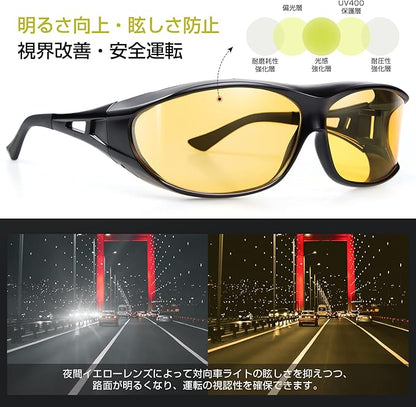日本品牌-TINHAO-夜間駕駛專用套鏡-黃色增光片-180度廣角視野-眩光遮斷-眼鏡族專用Overglasses-夜間視線改善-雨天駕駛必備-日本生活雜貨代購