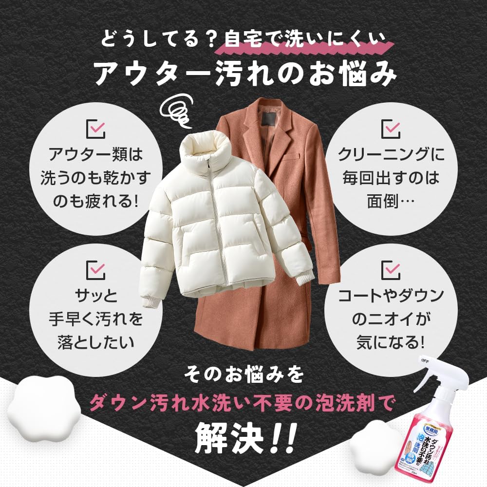 日本製-免水洗羽絨清潔泡沫噴霧-250ml-衣物去污-除臭護理-羽絨-外套-西裝-布製品清潔-專業清潔配方