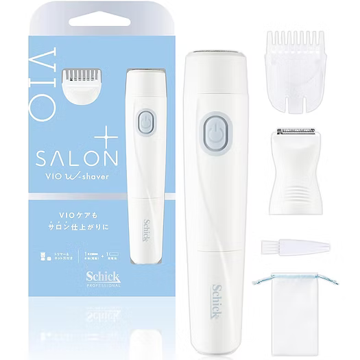 日本品牌-Schick代購-SalonPlus女性私密處專用VIO雙刀頭電動除毛器套裝WShaver-單機套裝含修剪器網狀刀片及收納袋-日本進口Schick舒適VIO除毛器刀片不接觸皮膚設計4級長度調節輕巧機身全機防水乾電池式溫和安全護理I與O區-改善刮傷肌膚毛髮凌亂及操作笨重受傷-日系美容美體用品照