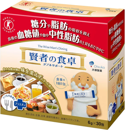 日本製大塚製藥賢者之食卓 6g x 30 包裝盒與條裝設計，展示粉末倒入奶茶中高水溶性無色無味的溶解過程，主打阻糖隔油與腸道健康管理。