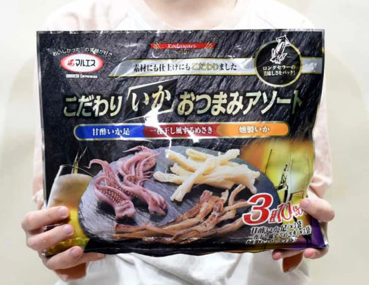 日本製-Maruesu代購-頂級魷魚小食拼盤10袋裝-COSTCO大容量袋裝-日本進口マルエス甘酢魷魚鬚一夜干魷魚絲煙燻魷魚條-日本國產魷魚海鮮珍味下酒菜-獨立小包防潮保鮮-改善煲劇深夜嘴饞及大包零食受潮變質-日系簡約美學休閒零食照