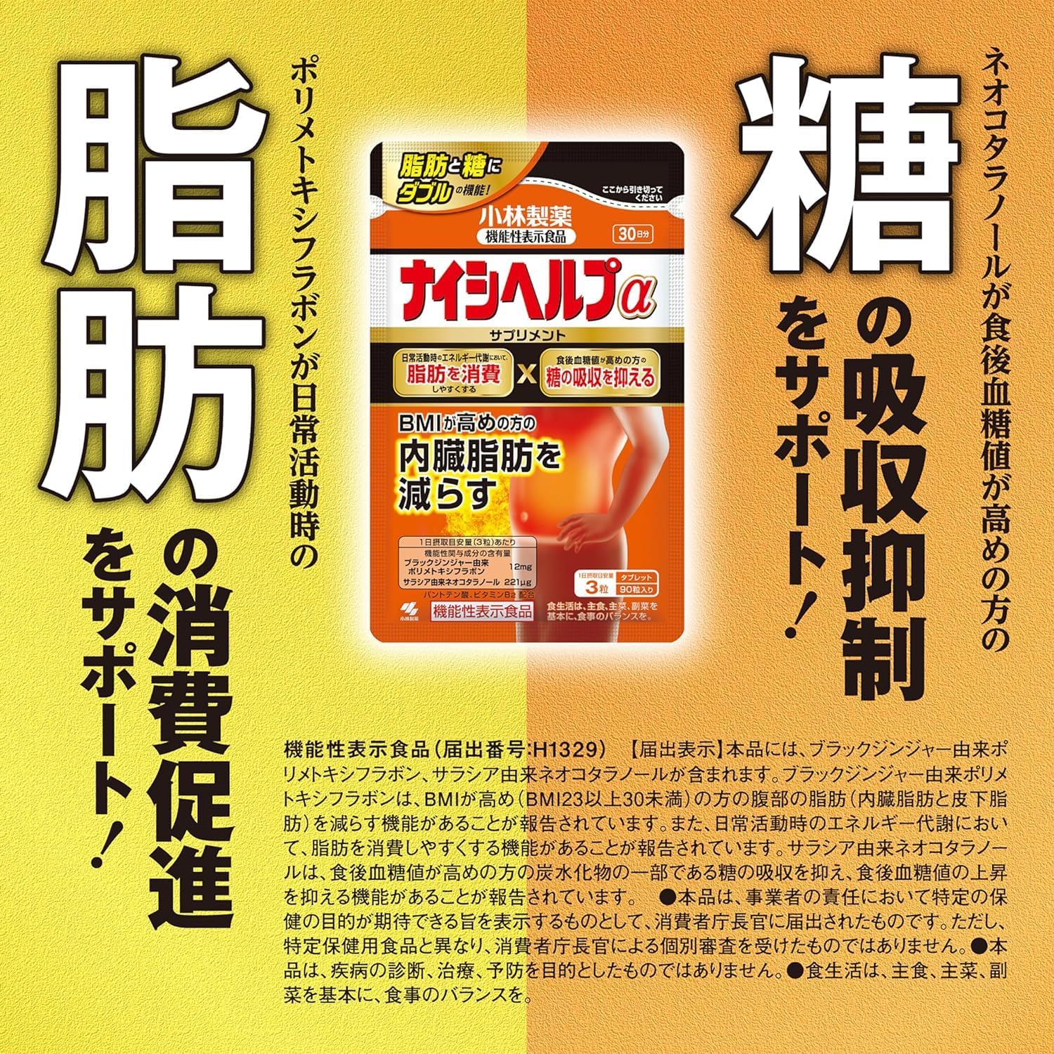 日本製-小林製藥-Naishi-Help-Alpha-黑生薑-薩拉西亞-機能性表示食品-脂肪燃燒對策-內臟脂肪-BMI管理-產品展示照