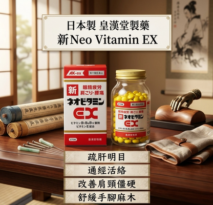 日本製皇漢堂新 Neo Vitamin EX「KUNIHIRO」270 錠裝，含有維他命 B1、B6、B12 與維他命 E，針對緩解眼部疲勞與肩頸痛之產品