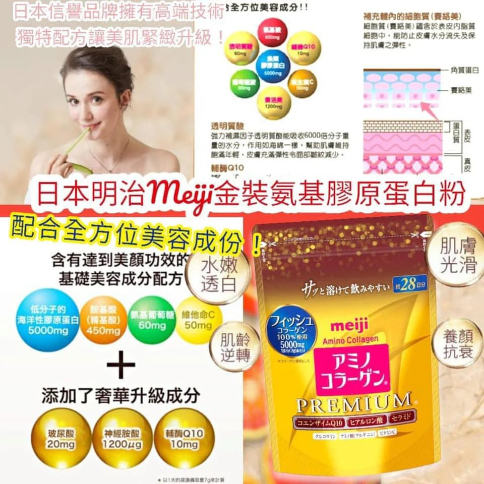 日本製： Meiji Amino Collagen Premium 明治膠原蛋白粉升級版196g [28天份] (F177) / Made in Japan: Meiji Amino Acid Collagen Powder Premium Edition 196g [28 Servings] (F177)