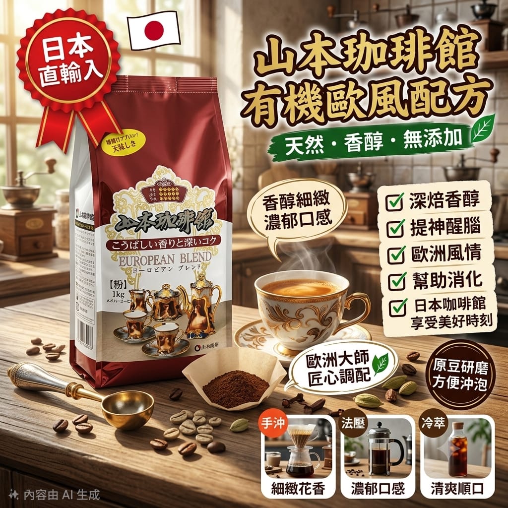 日本製-山本珈琲館代購-有機歐風配方深焙研磨咖啡粉1kg-單包裝大容量手沖冷萃適用-日本進口山本珈琲館有機咖啡粉1kg深焙極致香醇手沖法壓冷萃每日提神適用-改善精神不振及咖啡酸澀-日系食品飲料照