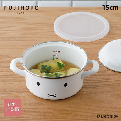 泰國製-Fujihoro代購-MiffyFace15cm雙耳琺瑯燉鍋附保存蓋1.2L-單鍋裝-日本進口Fujihoro富士琺瑯MiffyFace15cmキャセロールMFF15W附保存蓋琺瑯鍋玻璃質塗層抗酸鹼不留異味瓦斯爐IH電磁爐通用-改善洗碗繁瑣食物異味混雜及保鮮不便-日系質感廚房用品照